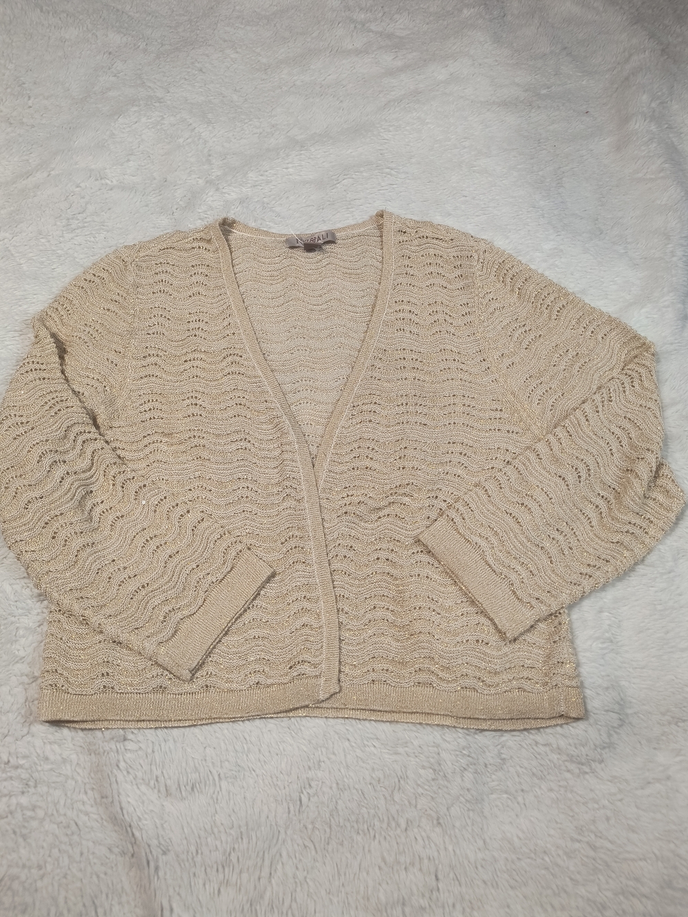 Roz & Ali Champagne Gold Lurex Knit Open Cardigan Size M Crochet Style